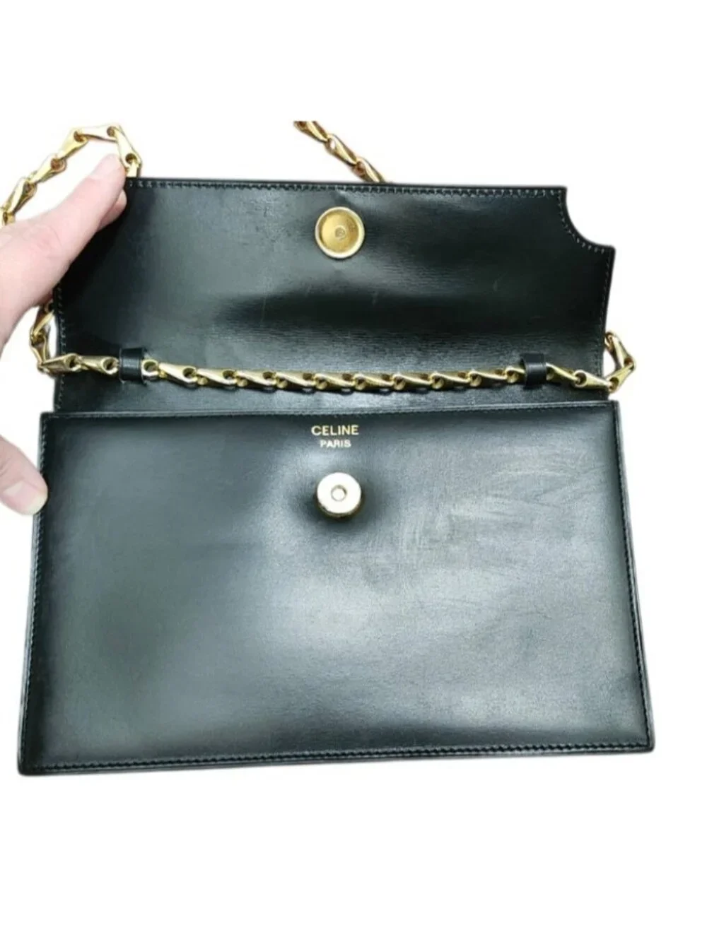 Vintage Celine Paris Black Leather Chain Shoulder Bag France Gold Hardware Rare - Picture 13 of 16